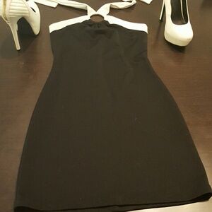 Little black short dress with white keyhole halter
